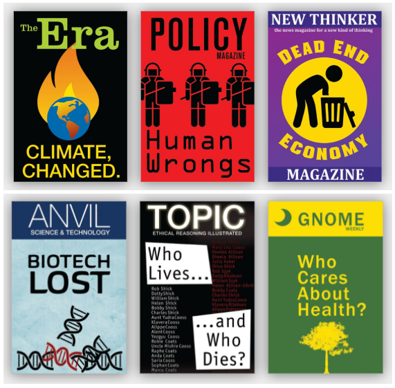 6 magazine covers of different futures, focused on economic, health, climate, and justice trends