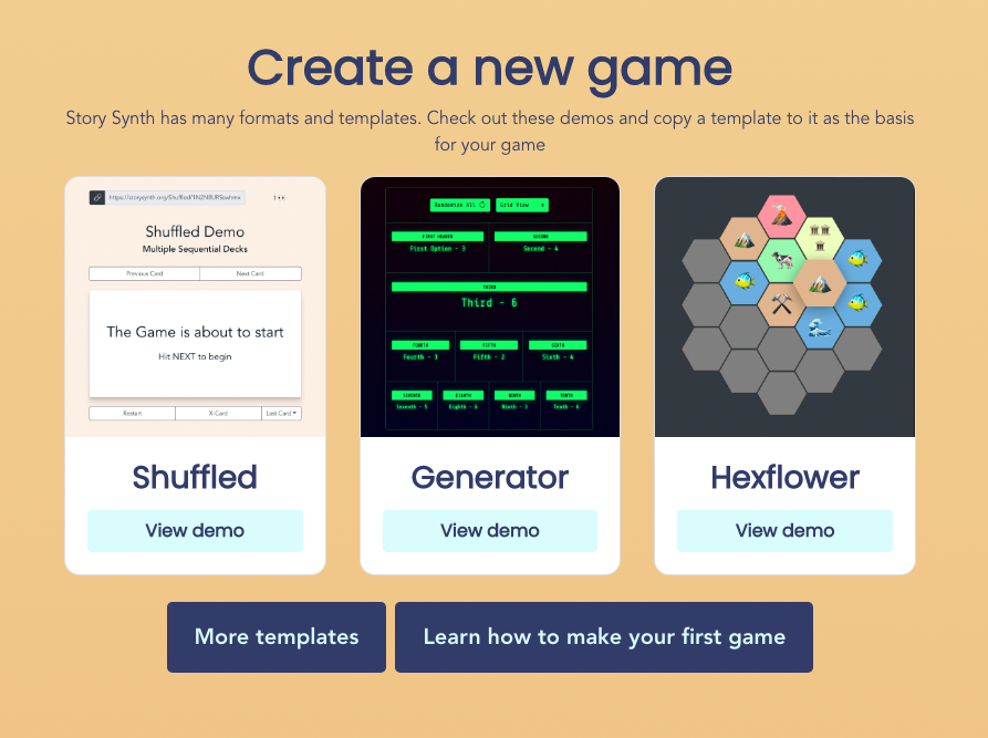 a screen shot of the 'create a game' section of the story synth home page