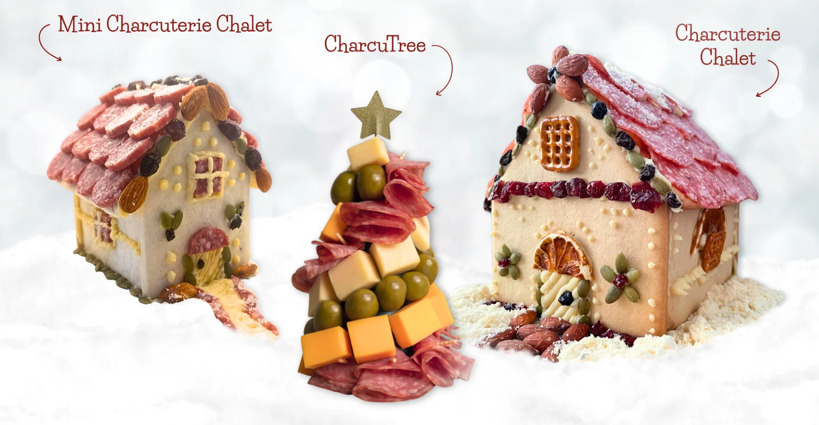 the 2025 edible architecture offerings: a classic chalet, mini chalet, and tree